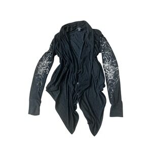 Y2K Twenty‎ One Dark Gray Waterfall Cardigan with Rose Tattoo Sleeve Print M